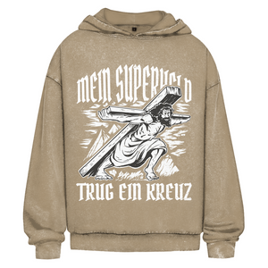 Oversize Washed Hoodie mein superheld trug ein kreuz