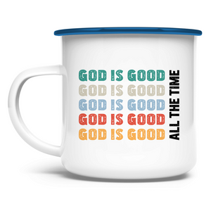 Emaille Tasse god is good schriftzug