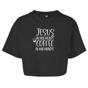 Damen Oversize Crop Top jesus in my heart coffee in my hands
