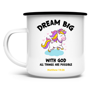 Emaille Tasse einhorn all things are possible matthew 19:26