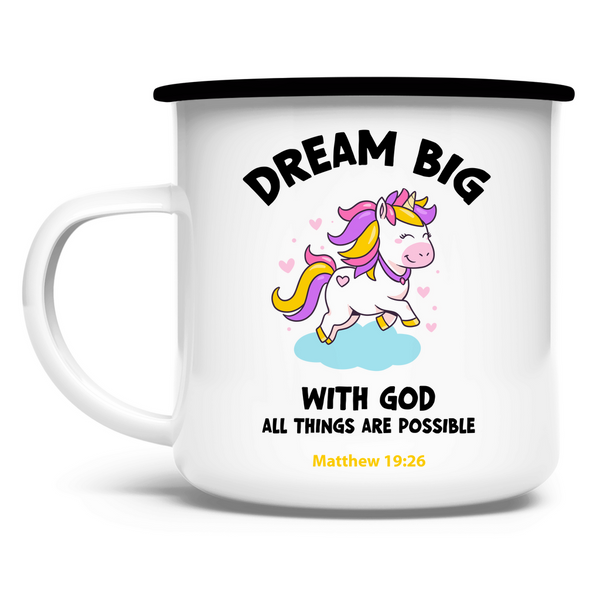 Emaille Tasse einhorn all things are possible matthew 19:26