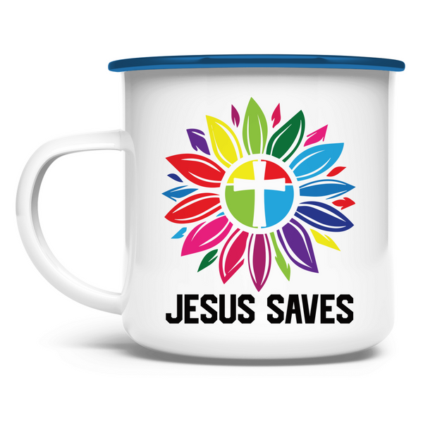 Emaille Tasse jesus saves blume