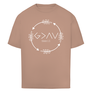 Oversize T-Shirt god greater than highs lows romans 8:28