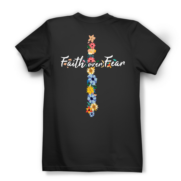 Damen Bio T-Shirt faith over fear blumen kreuz