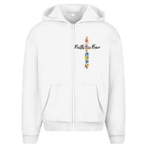 Oversize Zipper Hoodie faith over fear blumen kreuz