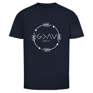 Herren T-Shirt god greater than highs lows romans 8:28