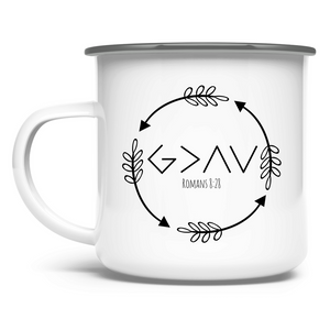 Emaille Tasse got is greater romans 8:28 pfeile