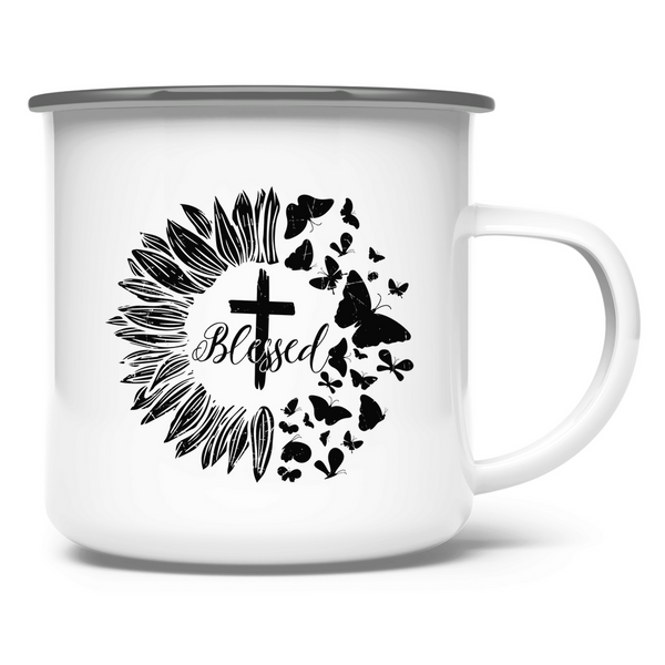 Emaille Tasse blessed sonneblume schmetterling