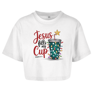 Damen Oversize Crop Top jesus fills my cup psalm 23.5