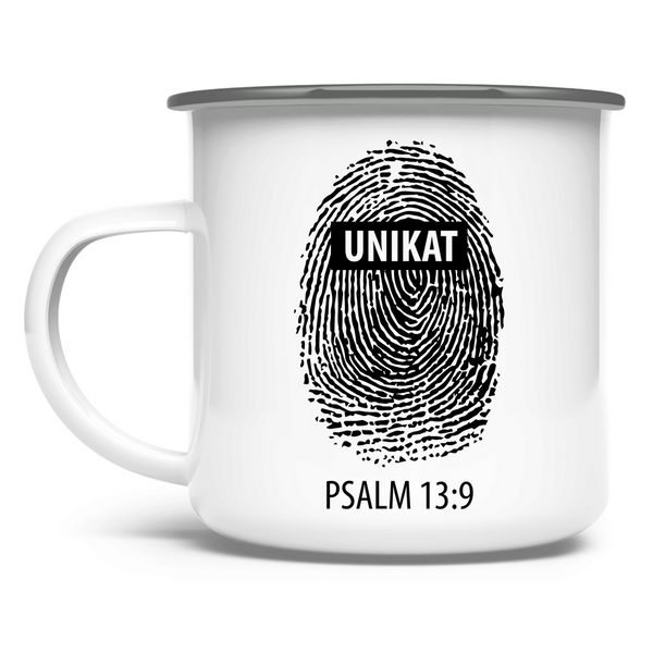 Emaille Tasse unikat fingerabdruck psalm 13:9