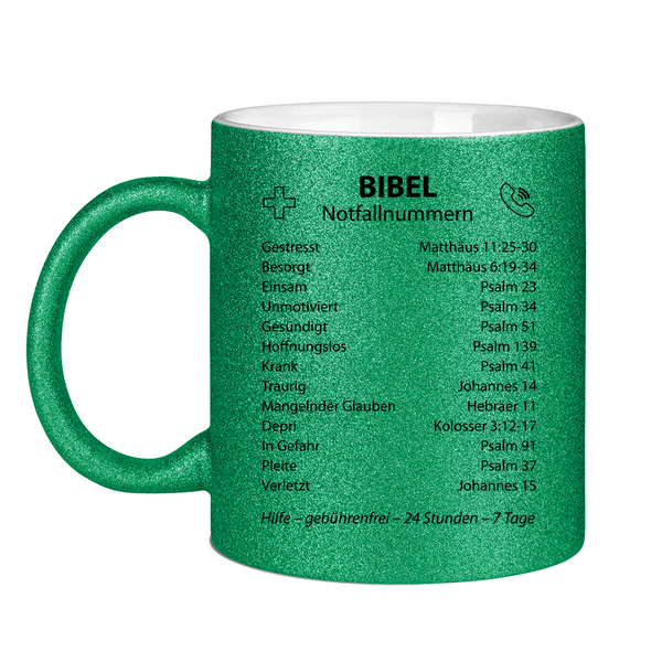 Glitzertasse bibel notfallnummern verse