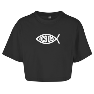 Damen Oversize Crop Top fisch symbol ICHTHYS Jesus