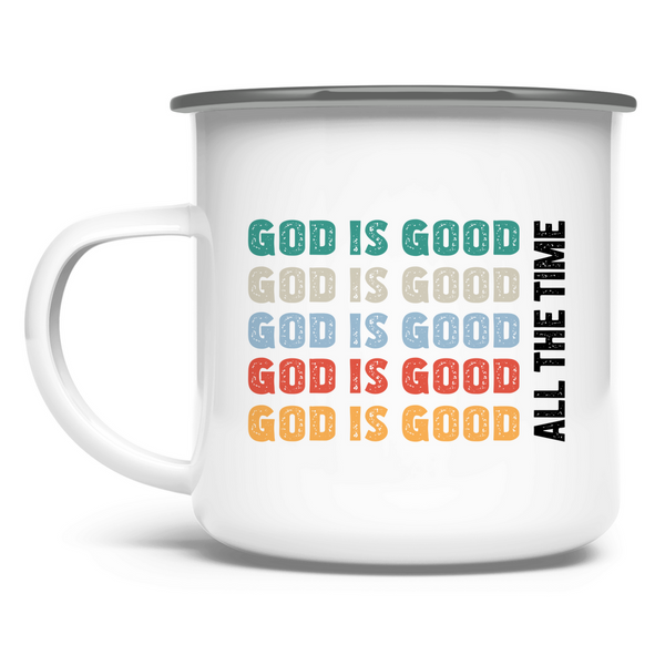 Emaille Tasse god is good schriftzug