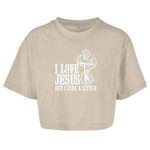 Damen Oversize Crop Top i love jesus but i cuss a little