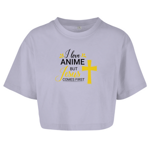 Damen Oversize Crop Top i love anime but jesus comes first