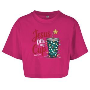 Damen Oversize Crop Top jesus fills my cup psalm 23.5