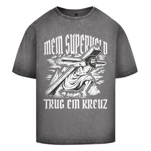 Oversize Washed T-Shirt mein superheld trug ein kreuz