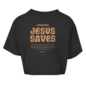 Damen Oversize Crop Top jesus saves john 3:16-17