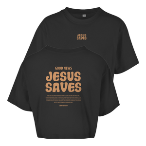 Damen Oversize Crop Top jesus saves john 3:16-17