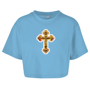 Damen Oversize Crop Top Griechisch Orthodoxe Jesus Kreuz