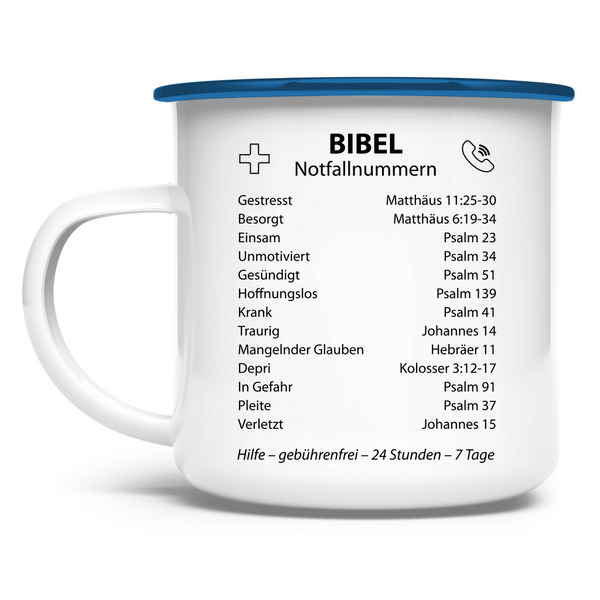 Emaille Tasse bibel notfallnummern verse