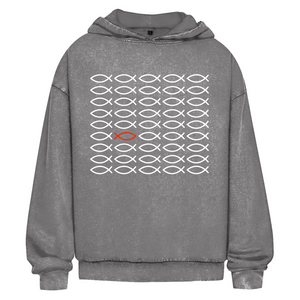 Oversize Washed Hoodie fisch symbol ICHTHYS