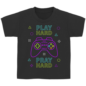 Kinder T-Shirt play hard pray hard 1 thess 5:17 gamer