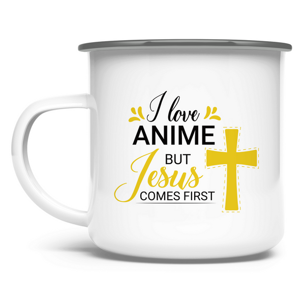 Emaille Tasse i love anime but jesus comes first