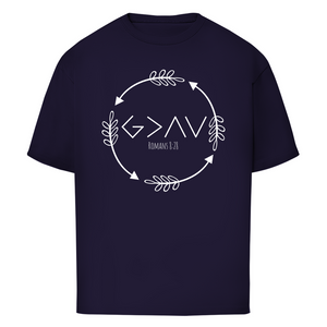 Oversize T-Shirt god greater than highs lows romans 8:28