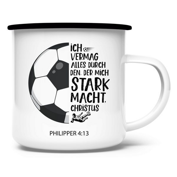 Emaille Tasse der mich stark macht philipper 4:13 fußballer