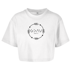 Damen Oversize Crop Topgod greater than highs lows romans 8:28