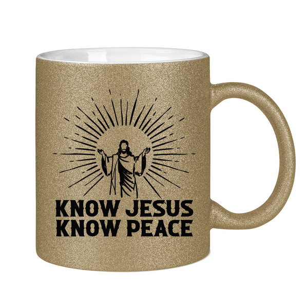 Glitzertasse know jesus know peace