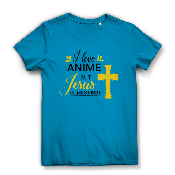 Damen Bio T-Shirt i love anime but jesus comes first