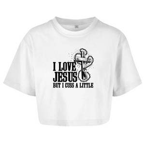 Damen Oversize Crop Top i love jesus but i cuss a little