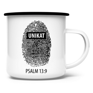 Emaille Tasse unikat fingerabdruck psalm 13:9