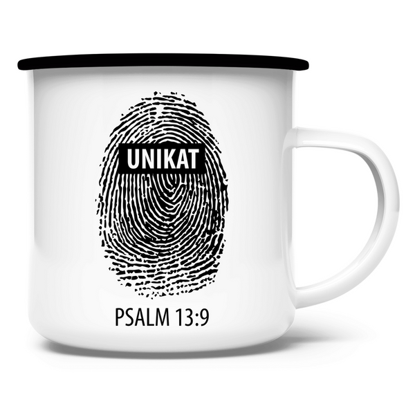 Emaille Tasse unikat fingerabdruck psalm 13:9