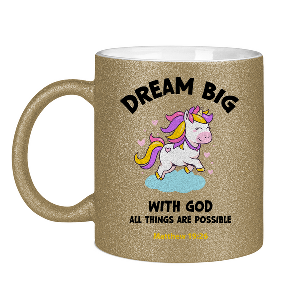 Glitzertasse einhorn all things are possible matthew 19:26