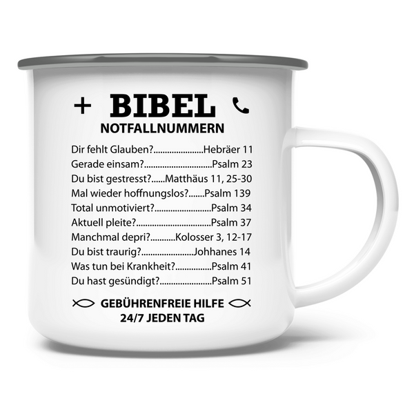 Emaille Tasse bibel notfallnummern