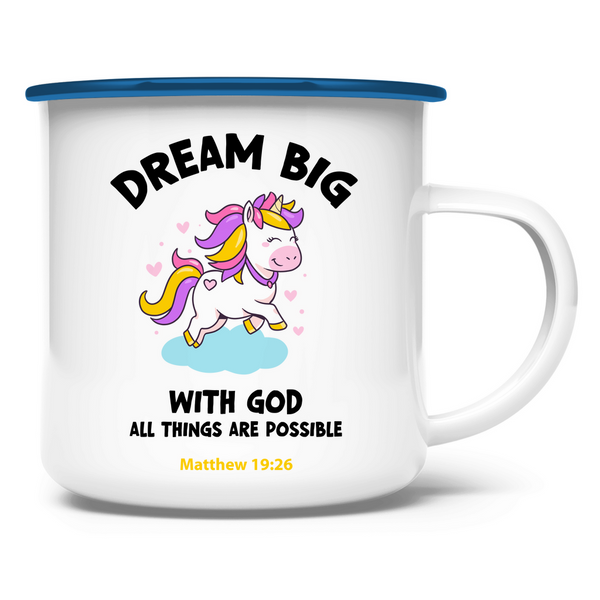 Emaille Tasse einhorn all things are possible matthew 19:26