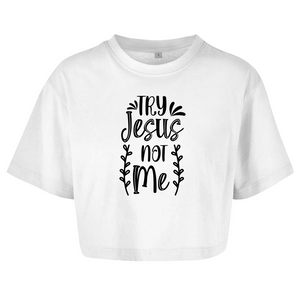 Damen Oversize Crop Top try jesus not me