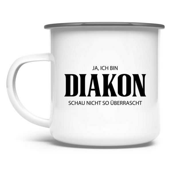 Emaille Tasse ja, ich bin diakon