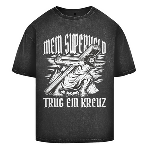 Oversize Washed T-Shirt mein superheld trug ein kreuz