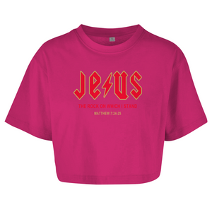 Damen Oversize Crop Top jesus the rock matthew 7:24-25