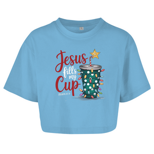 Damen Oversize Crop Top jesus fills my cup psalm 23.5