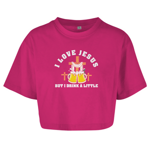 Damen Oversize Crop Top i love jesus but i drink a little bier