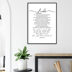 liebe hört niemal auf 1. korinther 13 Poster mit Holzrahmen
