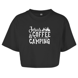 Damen Oversize Crop Top jesus coffee camping