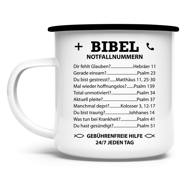 Emaille Tasse bibel notfallnummern