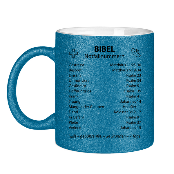 Glitzertasse bibel notfallnummern verse