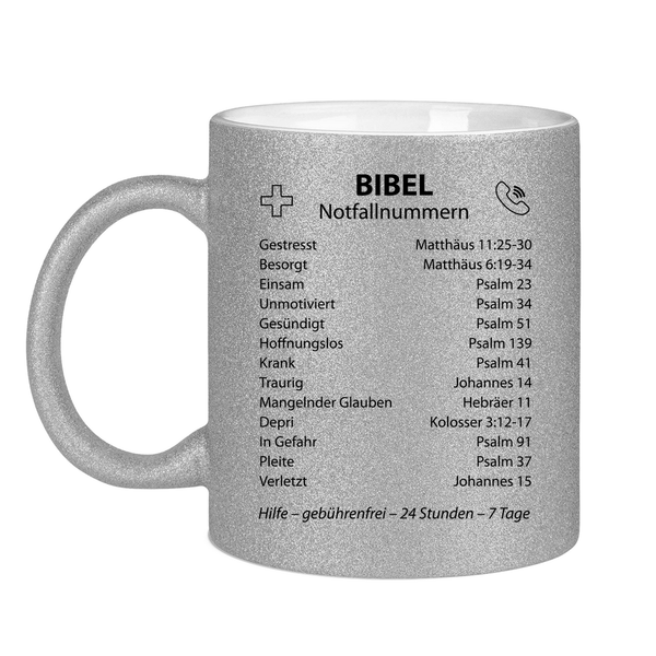 Glitzertasse bibel notfallnummern verse